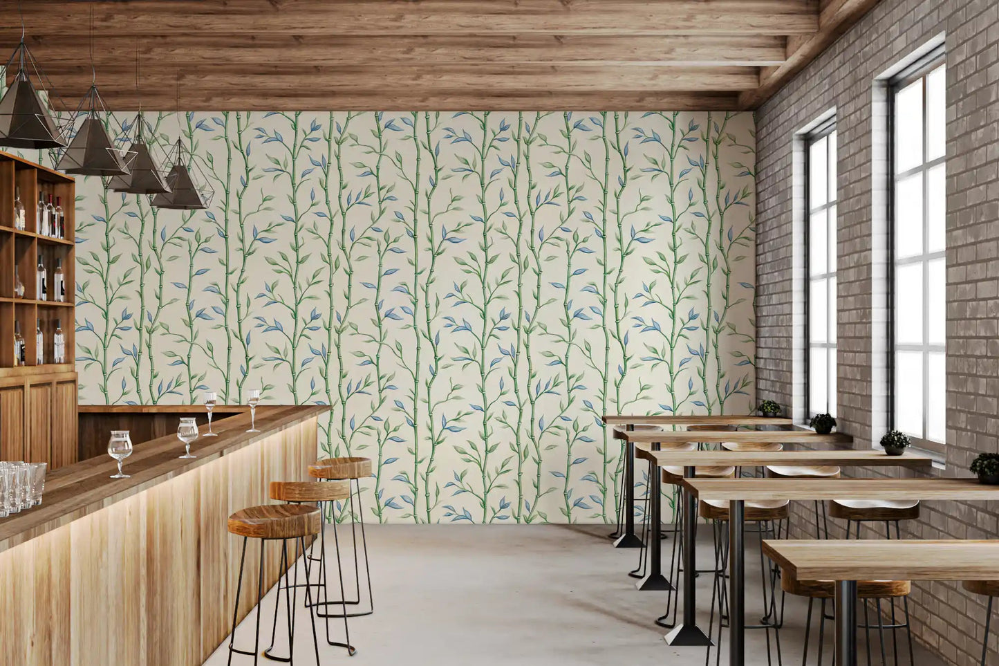 Café  area wrapped in Bamboo Breeze Ivory Wallpaper and natural light