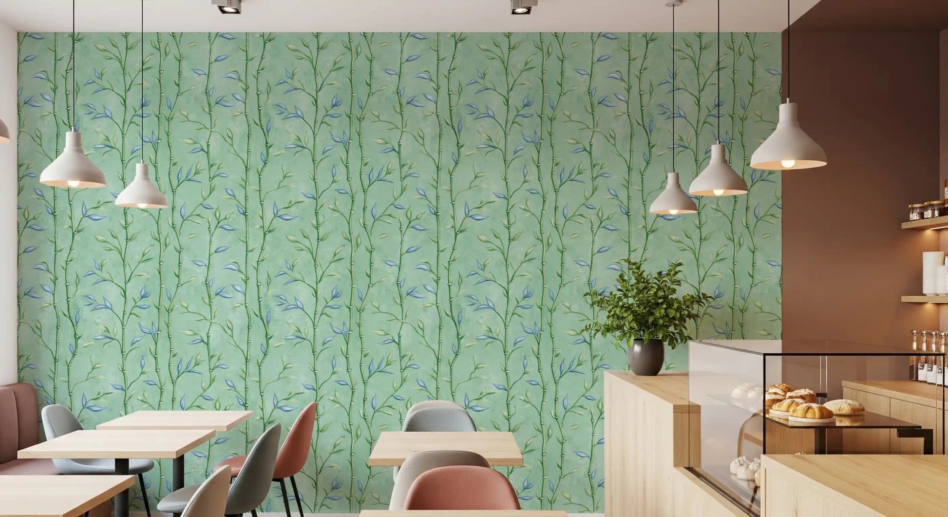 Open Cafe corner paired with Bamboo Breeze Minty Teal Wallpaper