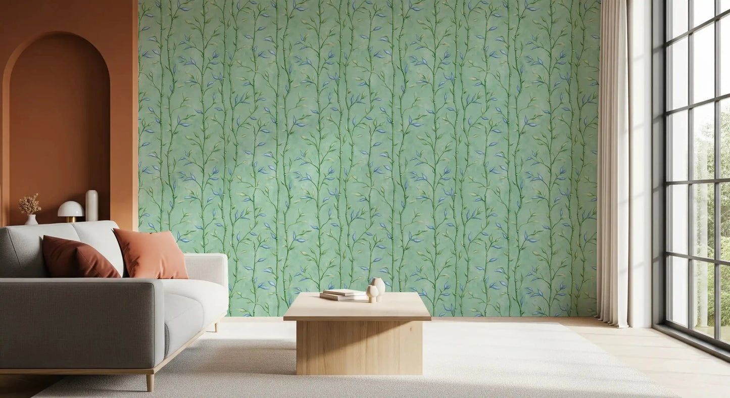 Warm Living styled with Bamboo Breeze Minty Teal Wallpaper and soft beige seating
