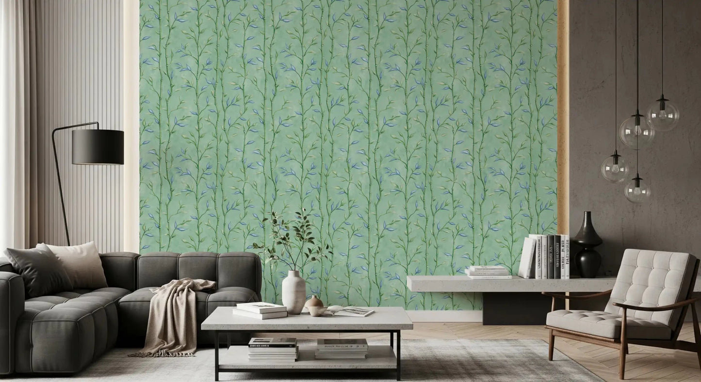 Hallway featuring Bamboo Breeze Minty Teal Wallpaper in a muted scheme