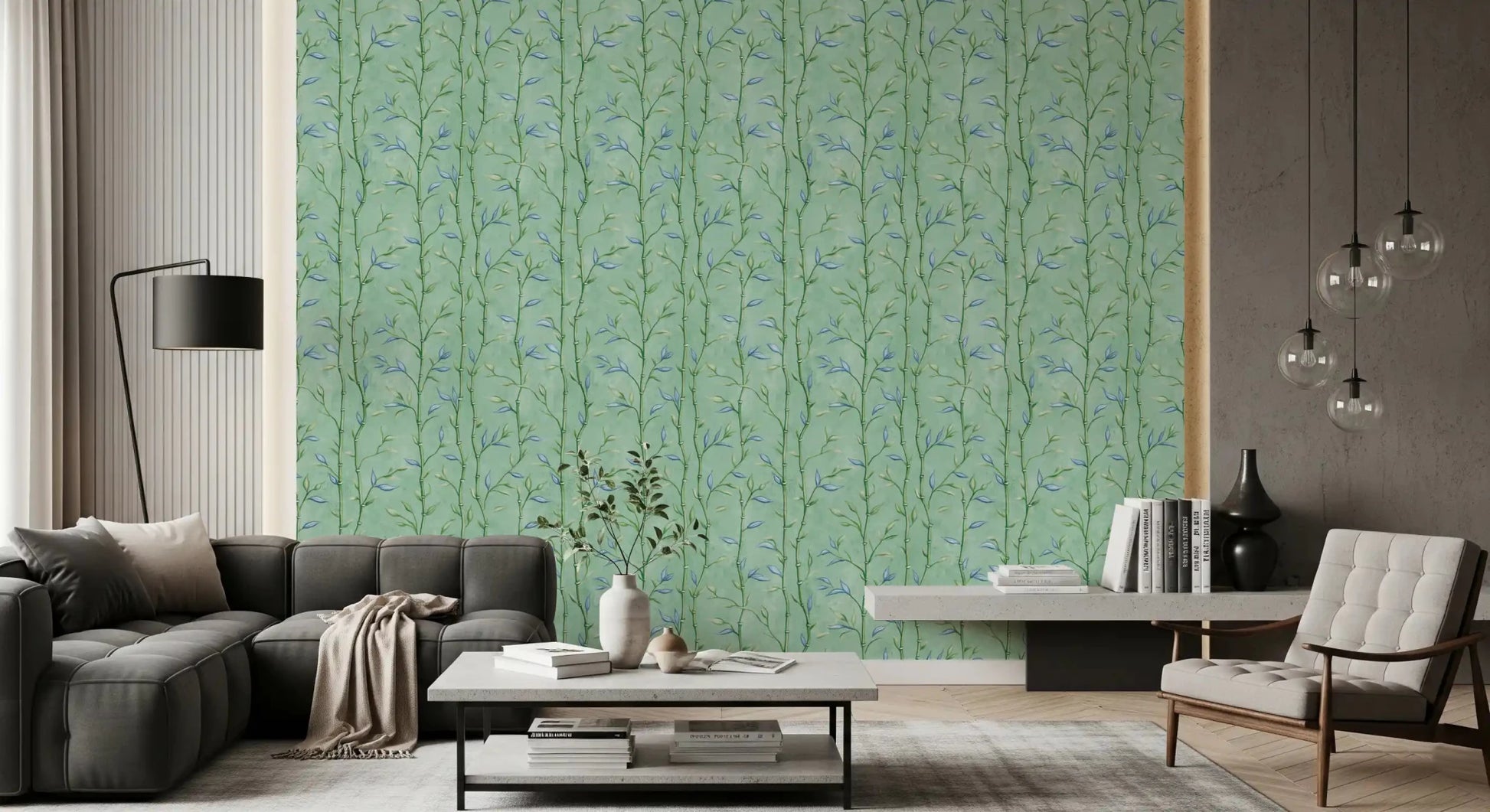 Hallway featuring Bamboo Breeze Minty Teal Wallpaper in a muted scheme