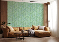 Cozy lounge finished with Bamboo Breeze Minty Teal Wallpaper and a brown sofa