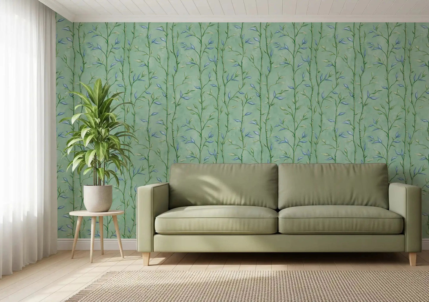 Soft Living room backdrop in Bamboo Breeze Minty Teal Wallpaper with a calm green palette