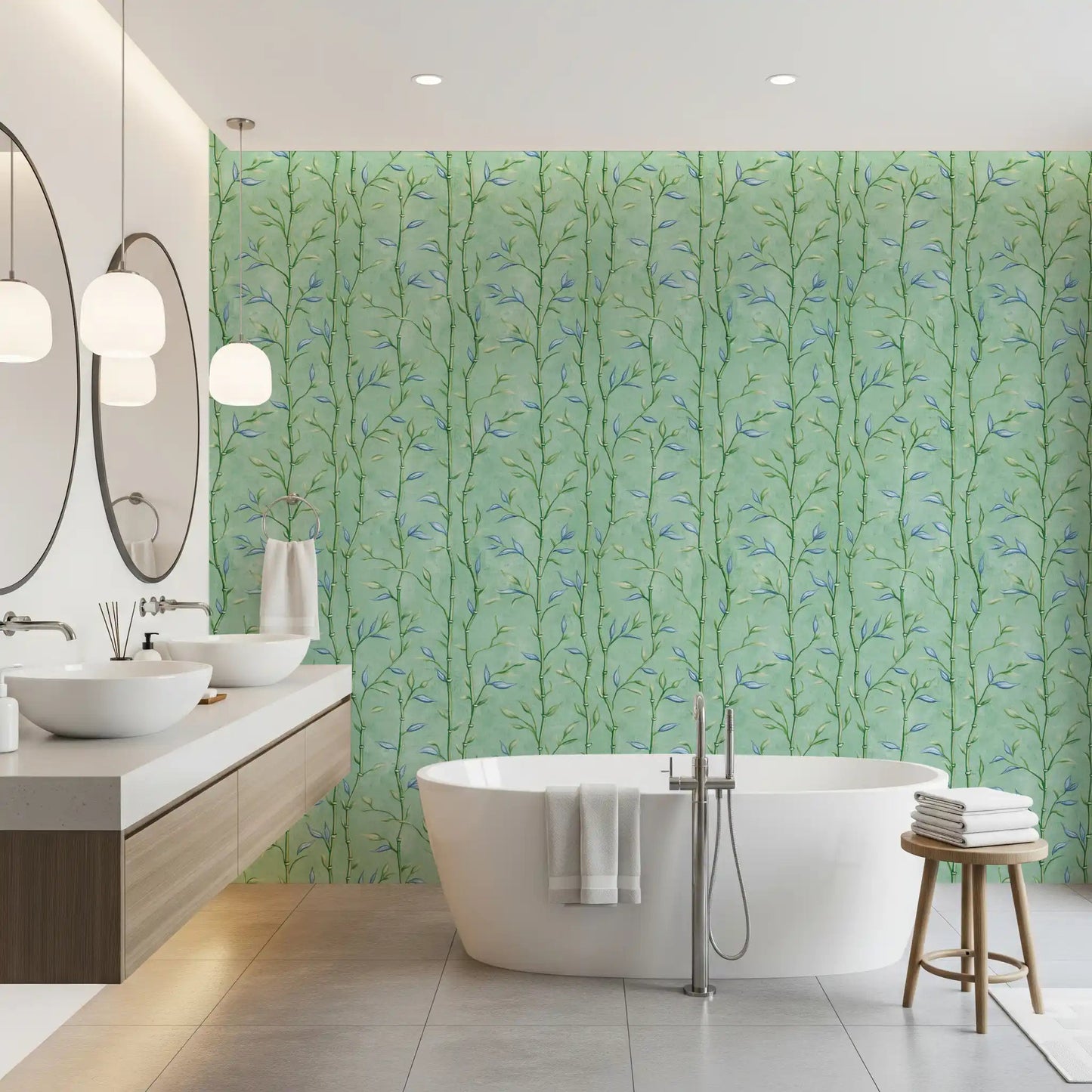 Bright bathroom covered in Bamboo Breeze Minty Teal Wallpaper