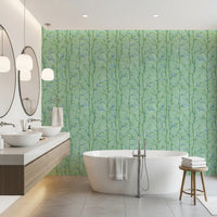 Bright bathroom covered in Bamboo Breeze Minty Teal Wallpaper
