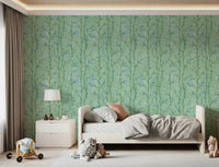 Bamboo Breeze Minty Teal Wallpaper framing a low bed in a restful bedroom