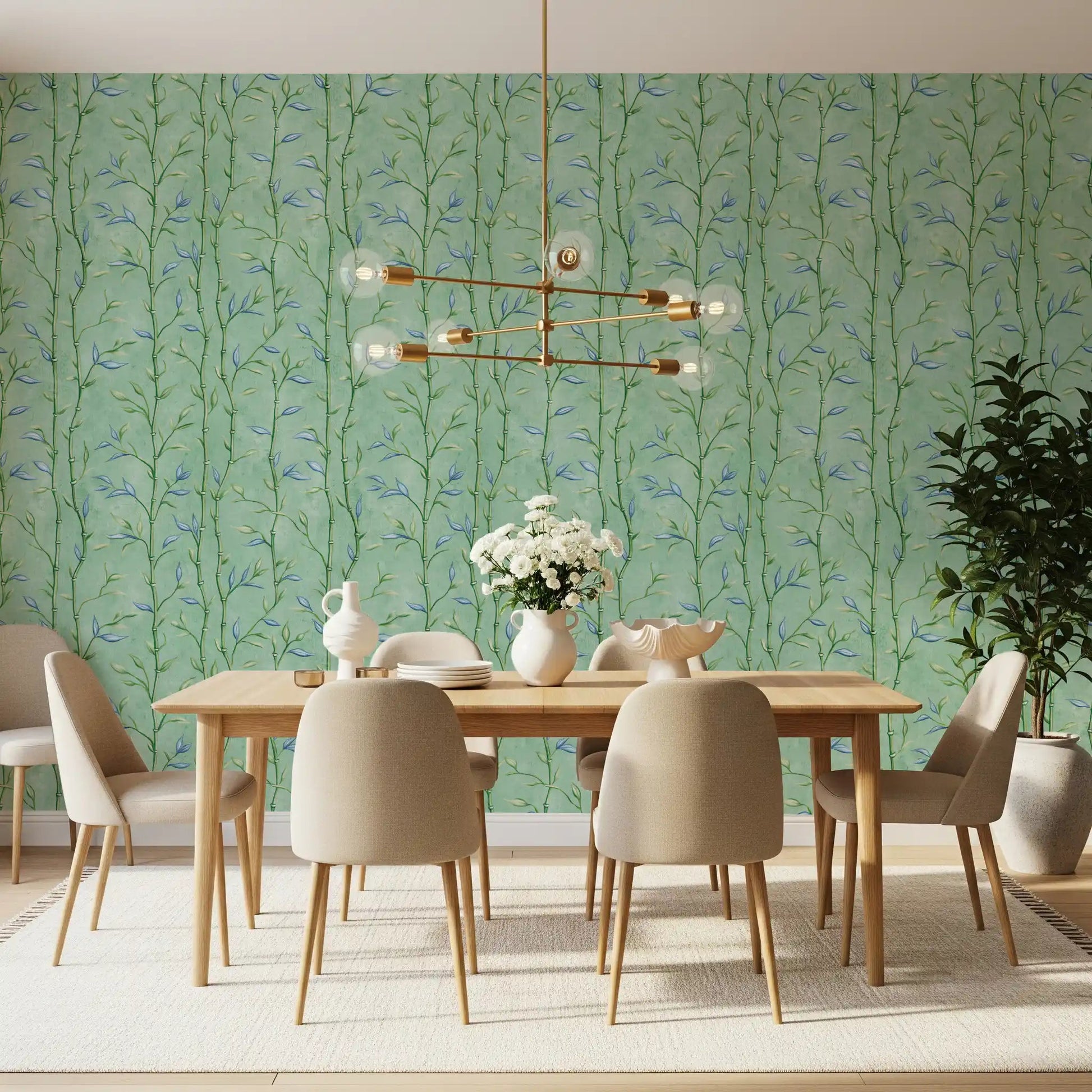 Bamboo Breeze Minty Teal Wallpaper behind a dining set with hanging lights