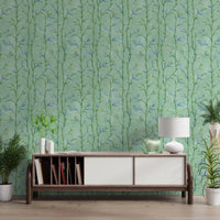 Bamboo Breeze Minty Teal Wallpaper in a serene Living room with a low wood bed