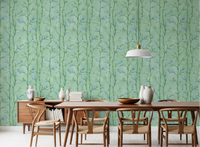 Bamboo Breeze Minty Teal Wallpaper in a bright dining room with a wooden table