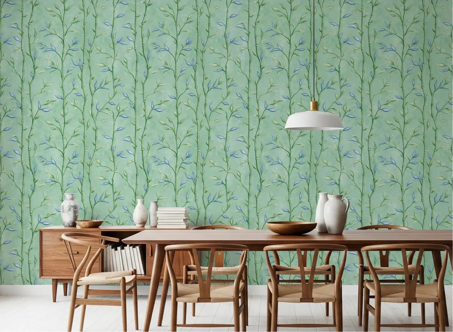 Bamboo Breeze Minty Teal Wallpaper in a bright dining room with a wooden table, GD8935