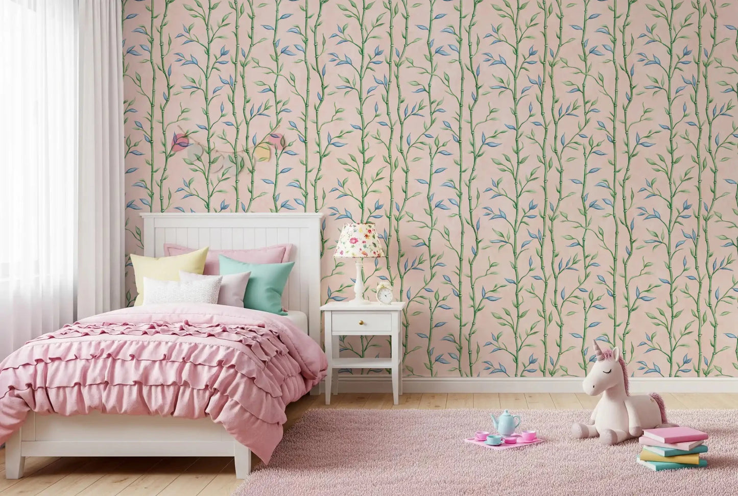 Bamboo Breeze Rose Wallpaper behind a pink bed in a light kids bedroom, GD8934