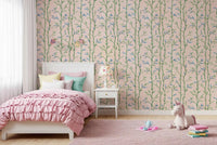 Bamboo Breeze Rose Wallpaper behind a pink bed in a light kids bedroom, GD8934