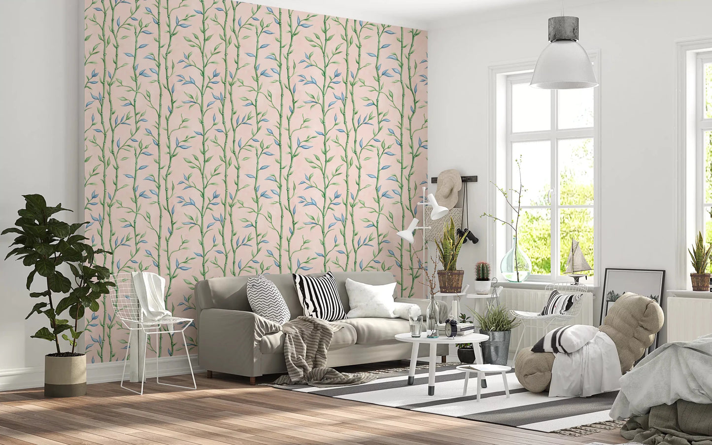 Sunlit lounge covered in Bamboo Breeze Rose Wallpaper and soft green accents, GD8934