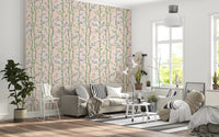 Sunlit lounge covered in Bamboo Breeze Rose Wallpaper and soft green accents, GD8934