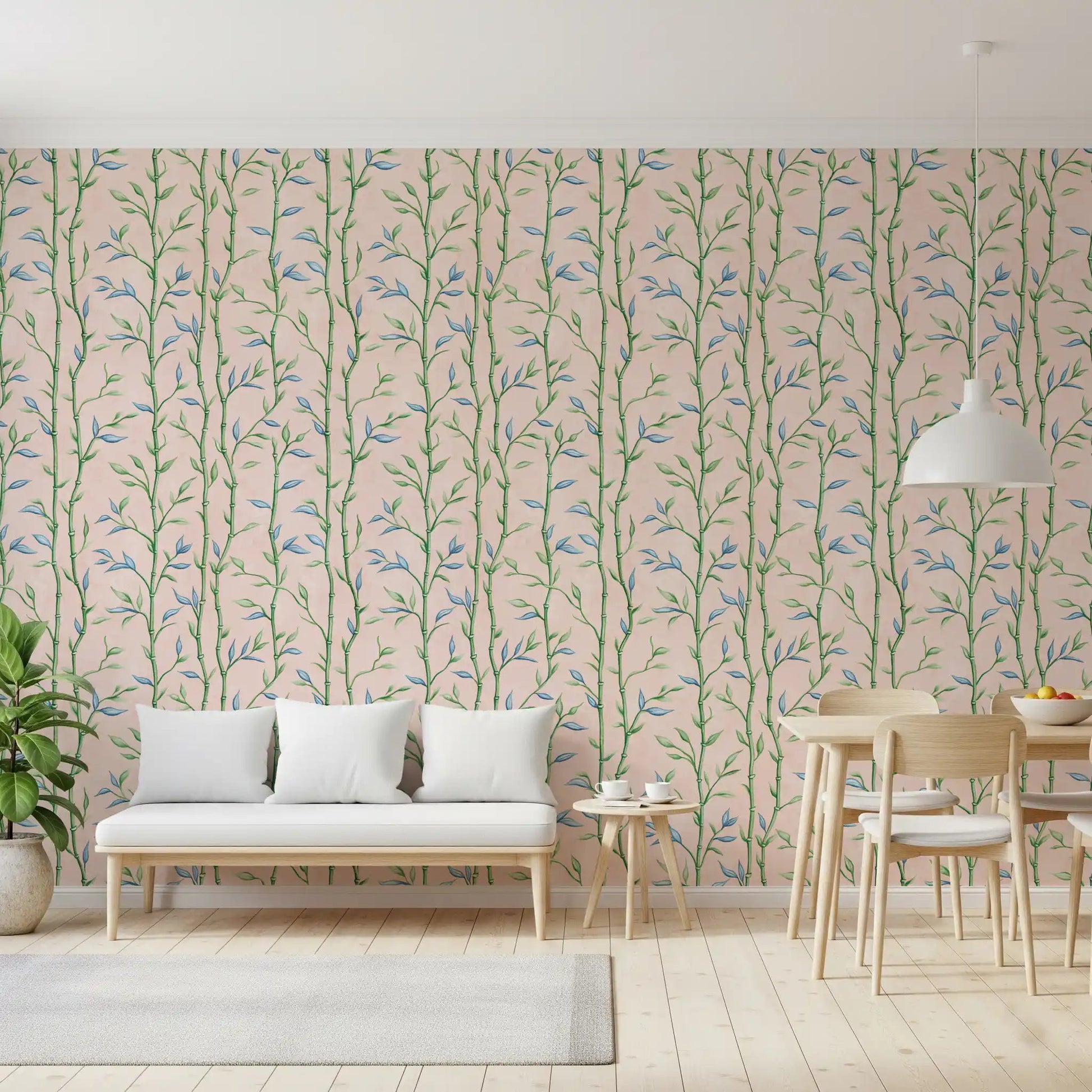 Cream Dining setting paired with Bamboo Breeze Rose Wallpaper in a bright, GD8934