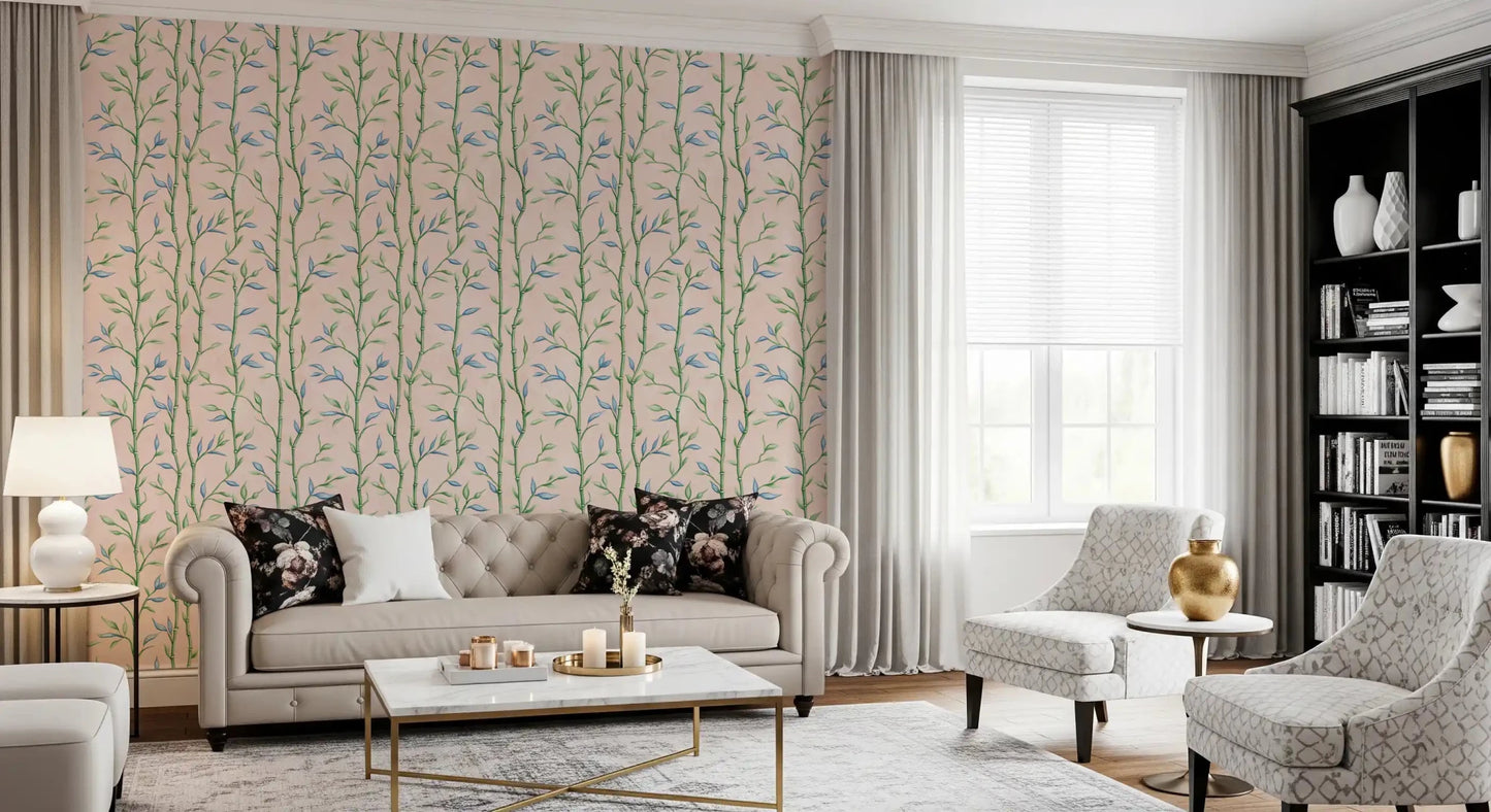 Calm sitting room styled with Bamboo Breeze Rose Wallpaper and neutral furnishings, GD8934