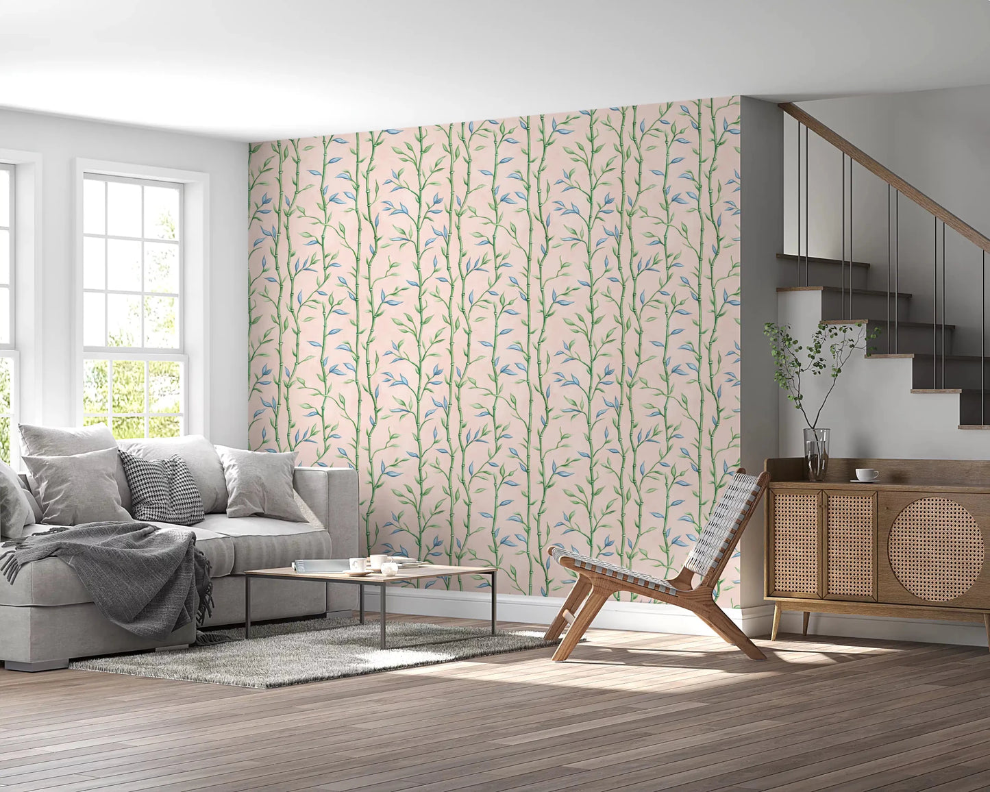 Bamboo Breeze Rose Wallpaper behind a low sofa in a warm neutral sitting area, GD8934