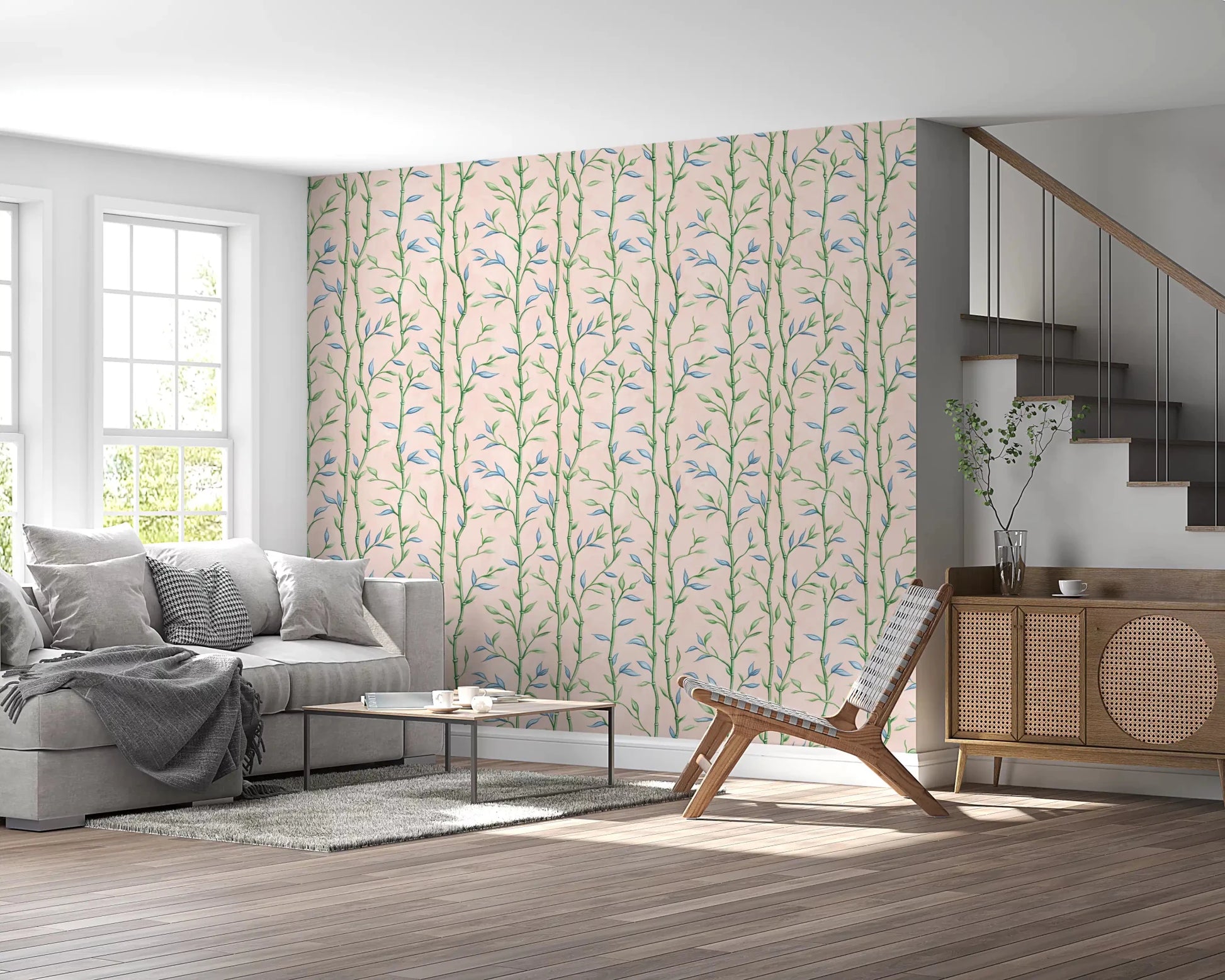 Bamboo Breeze Rose Wallpaper behind a low sofa in a warm neutral sitting area, GD8934