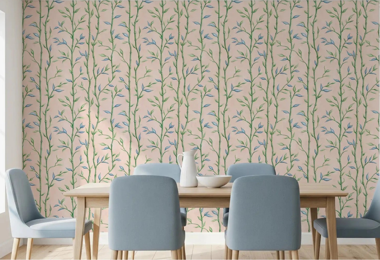 Bamboo Breeze Rose Wallpaper in a soft dining corner with blue upholstered chairs