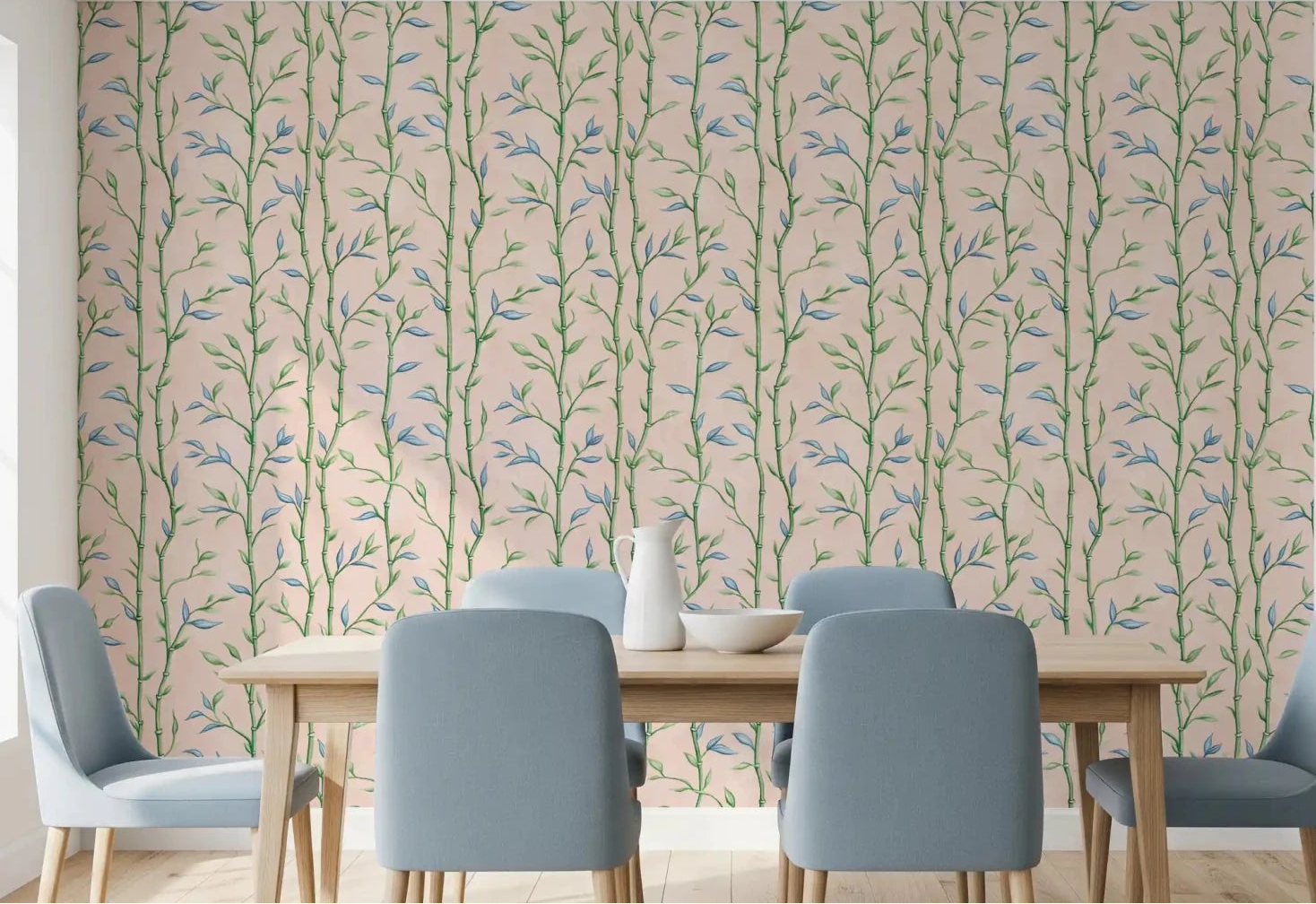 Bamboo Breeze Rose Wallpaper in a soft dining corner with blue upholstered chairs, GD8934