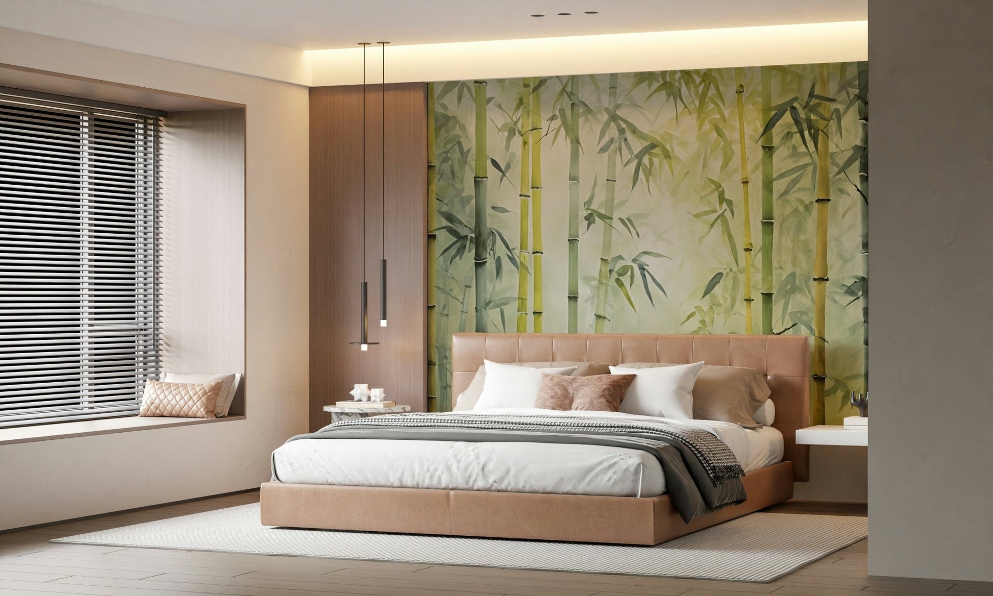 Behind the bed, Bamboo Forest Serenity Wall Mural creates a restful bamboo-inspired backdrop