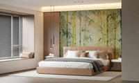 Behind the bed, Bamboo Forest Serenity Wall Mural creates a restful bamboo-inspired backdrop
