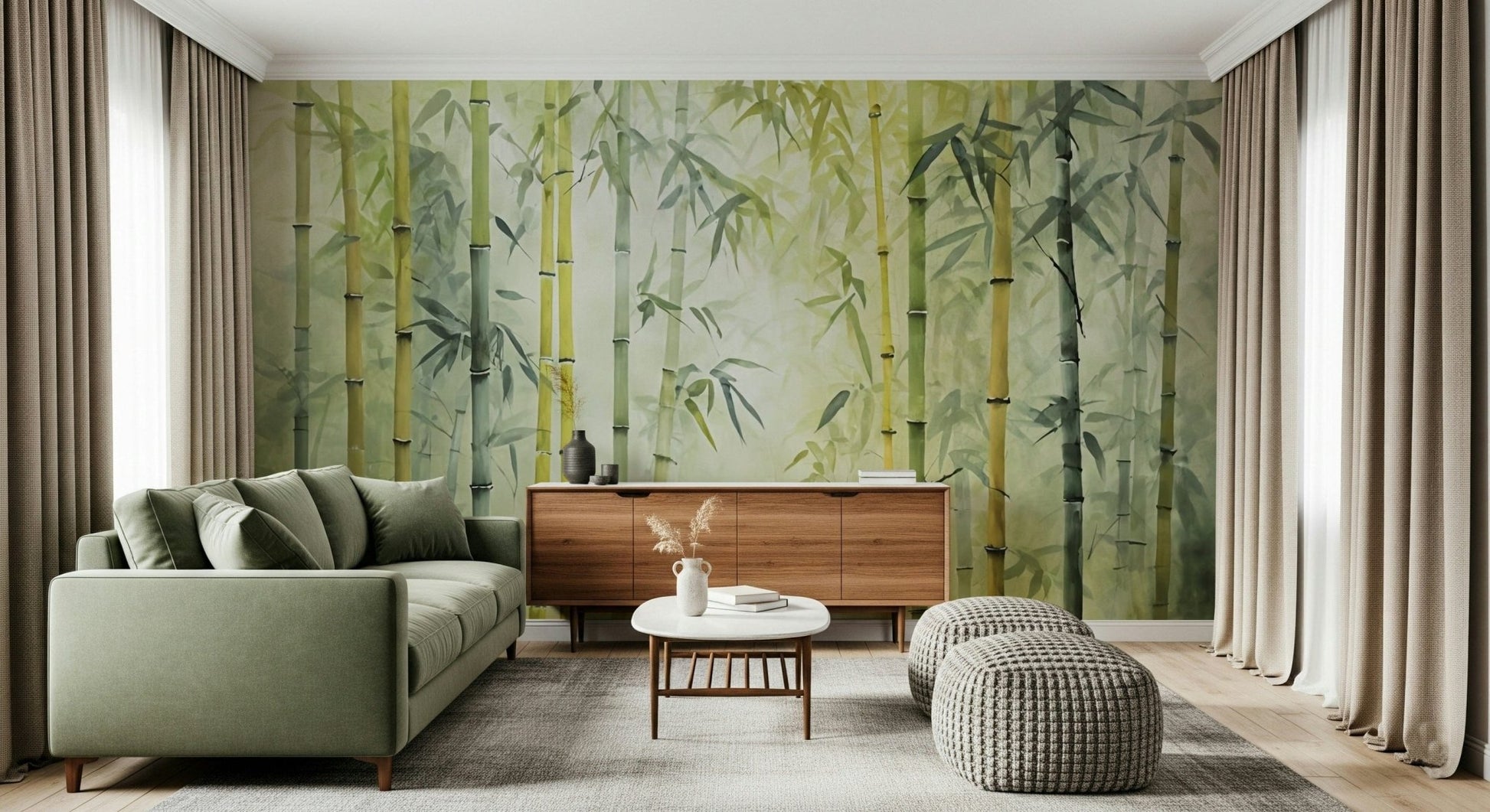 Framed by long curtains, Bamboo Forest Serenity Wall Mural adds peaceful depth to the room