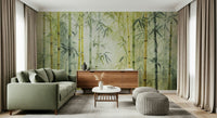 Framed by long curtains, Bamboo Forest Serenity Wall Mural adds peaceful depth to the room