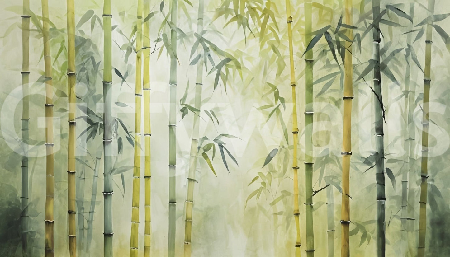 Bamboo Forest Serenity wall mural with misty green bamboo stems and soft leafy layering
