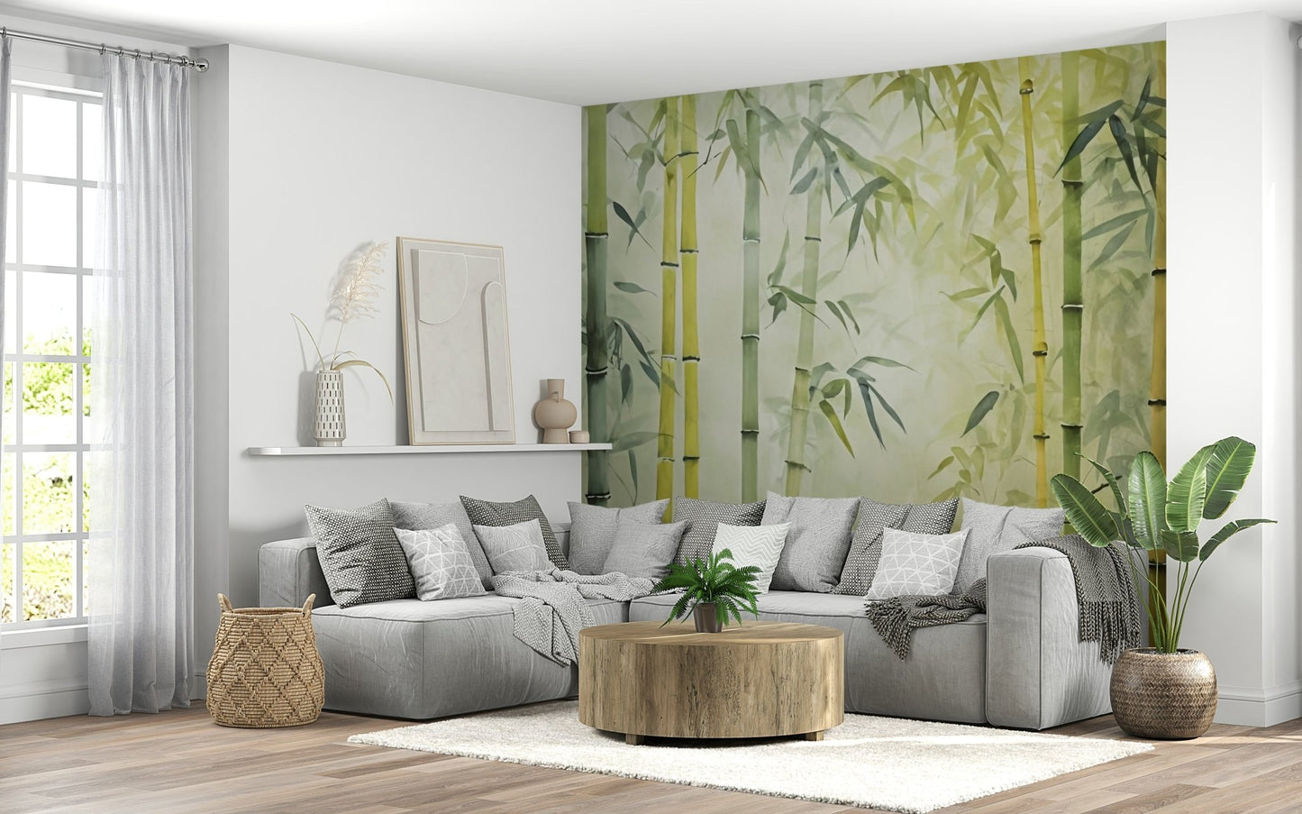 A relaxed family room gains gentle botanical character from Bamboo Forest Serenity Wall Mural