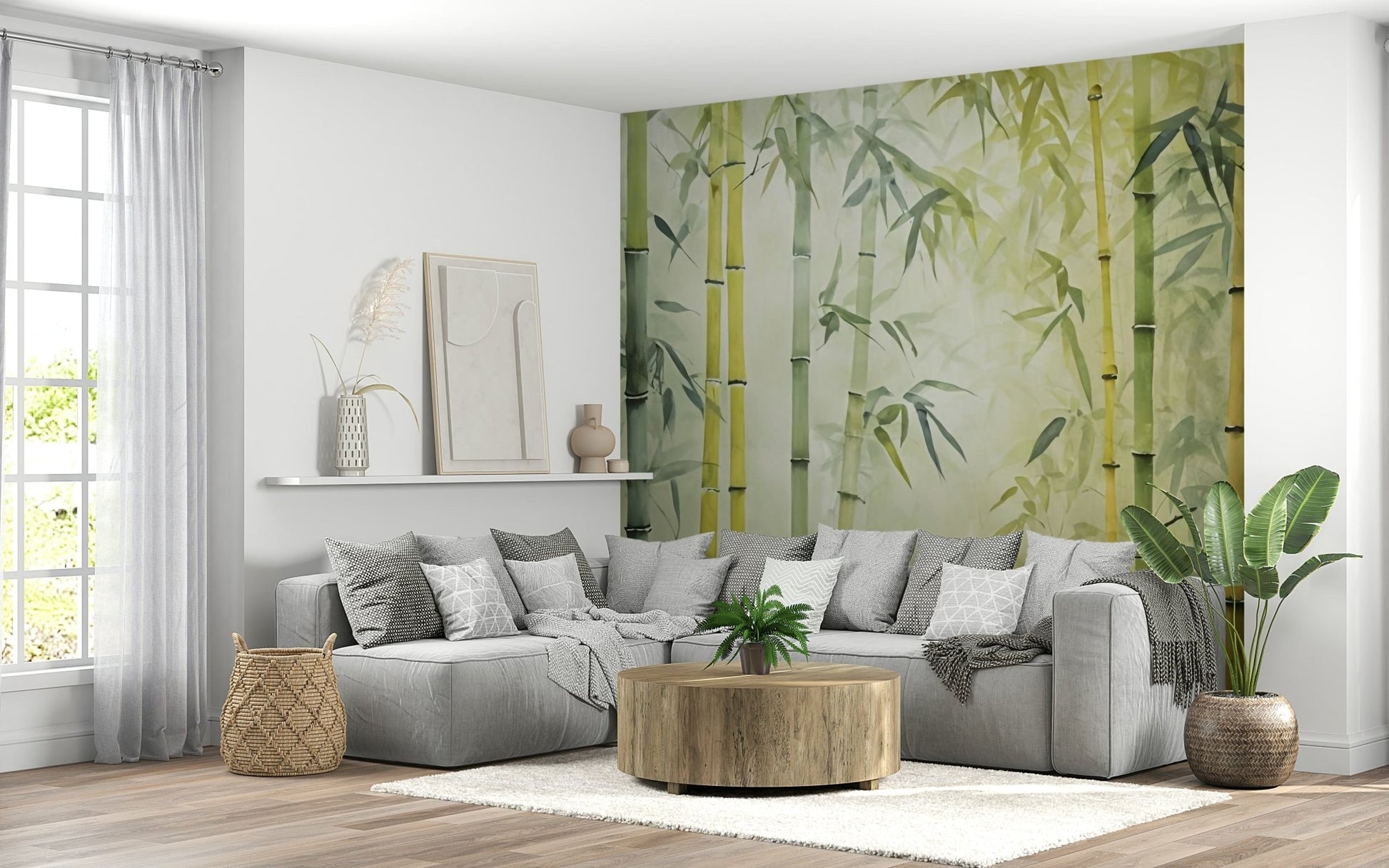 A relaxed family room gains gentle botanical character from Bamboo Forest Serenity Wall Mural