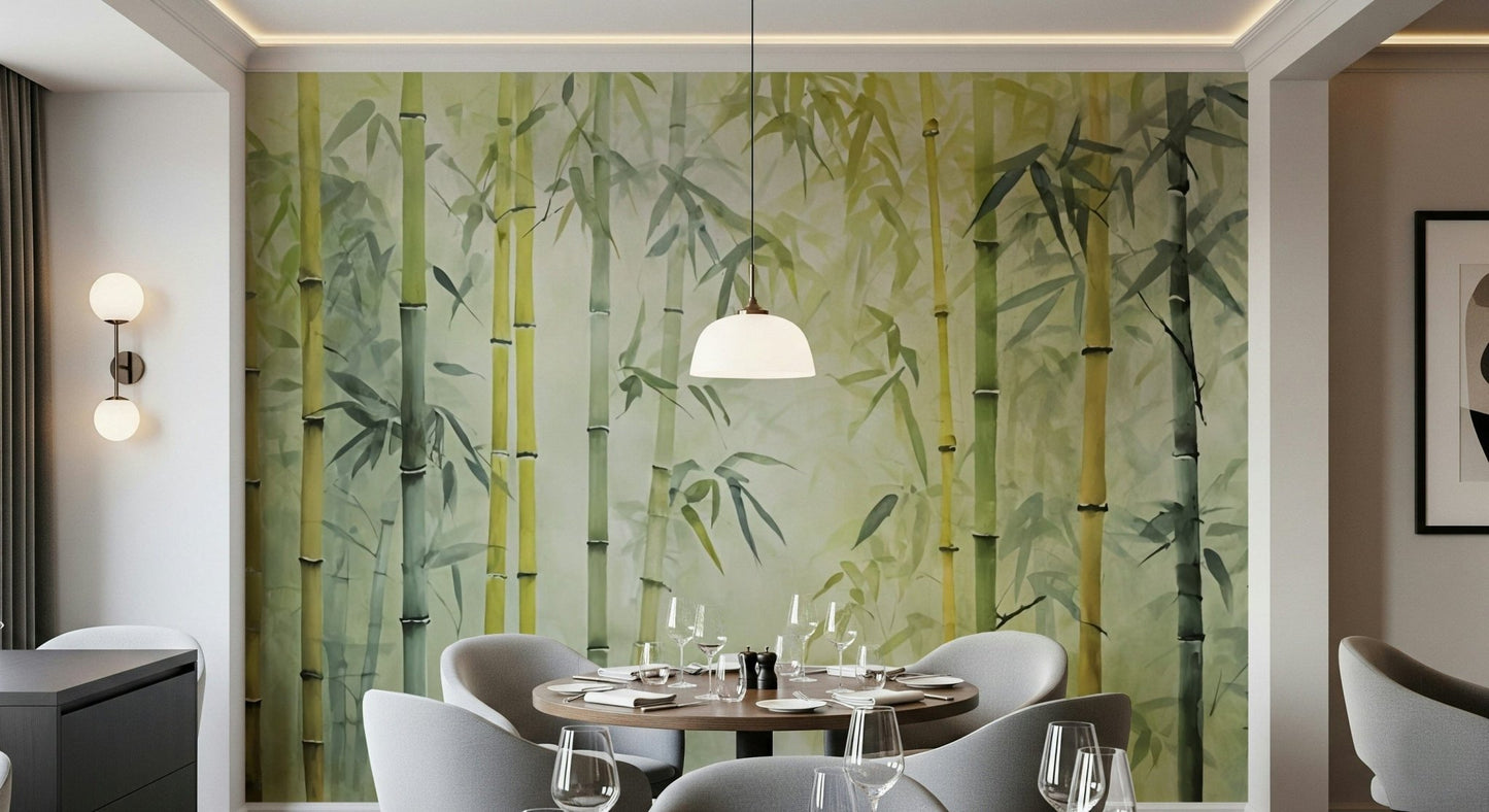 In this dining area, Bamboo Forest Serenity Wall Mural creates a fresh nature-led setting