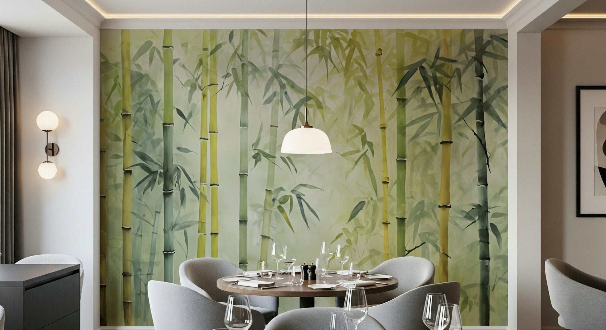 In this dining area, Bamboo Forest Serenity Wall Mural creates a fresh nature-led setting