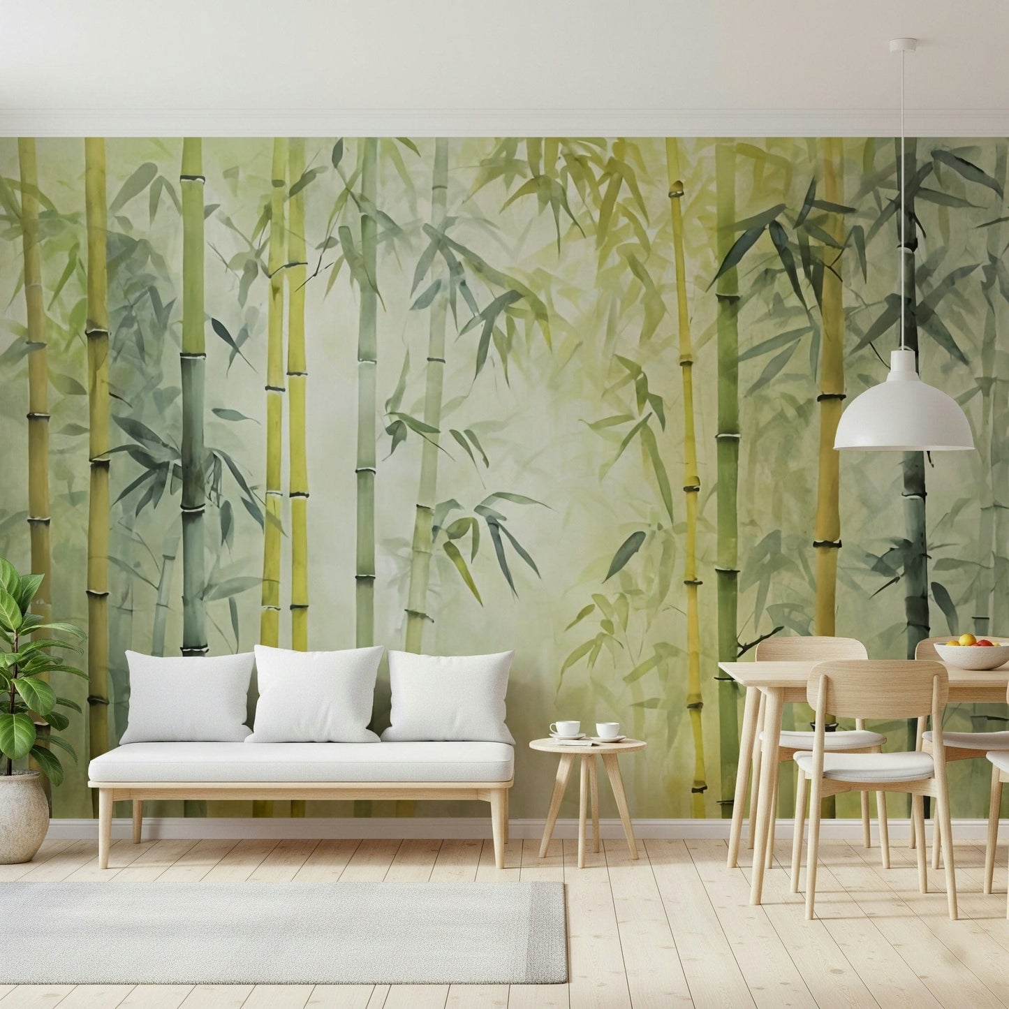 Bamboo Forest Serenity Wall Mural adds airy botanical depth to this sitting corner