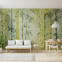 Bamboo Forest Serenity Wall Mural adds airy botanical depth to this sitting corner