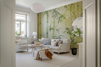 This open lounge feels lighter with Bamboo Forest Serenity Wall Mural and layered bamboo detail