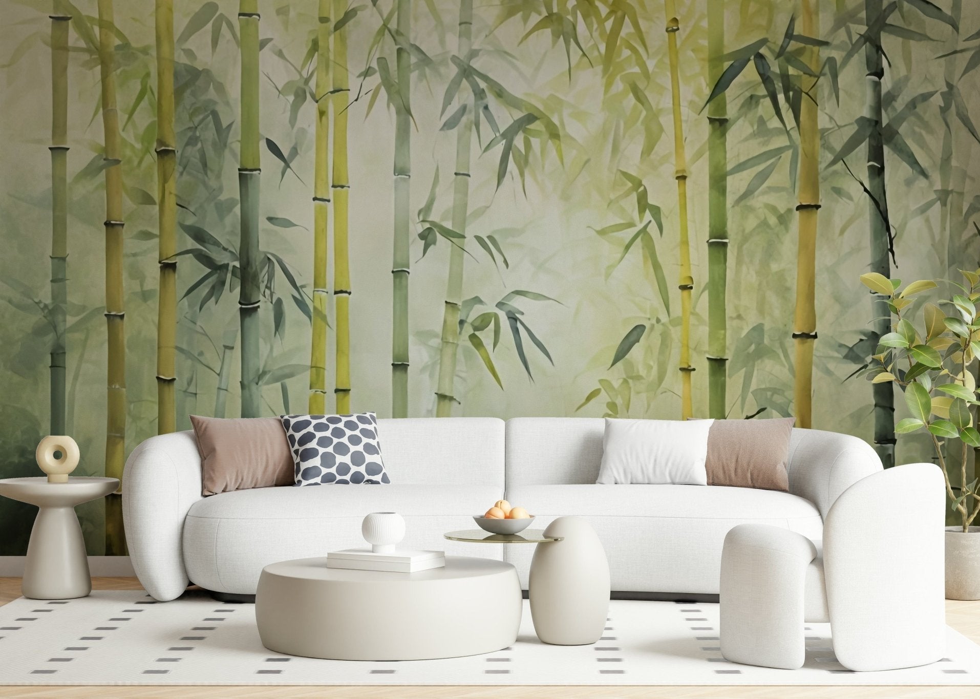 Bamboo Forest Serenity Wall Mural gives this lounge a soft green bamboo backdrop, GD7908