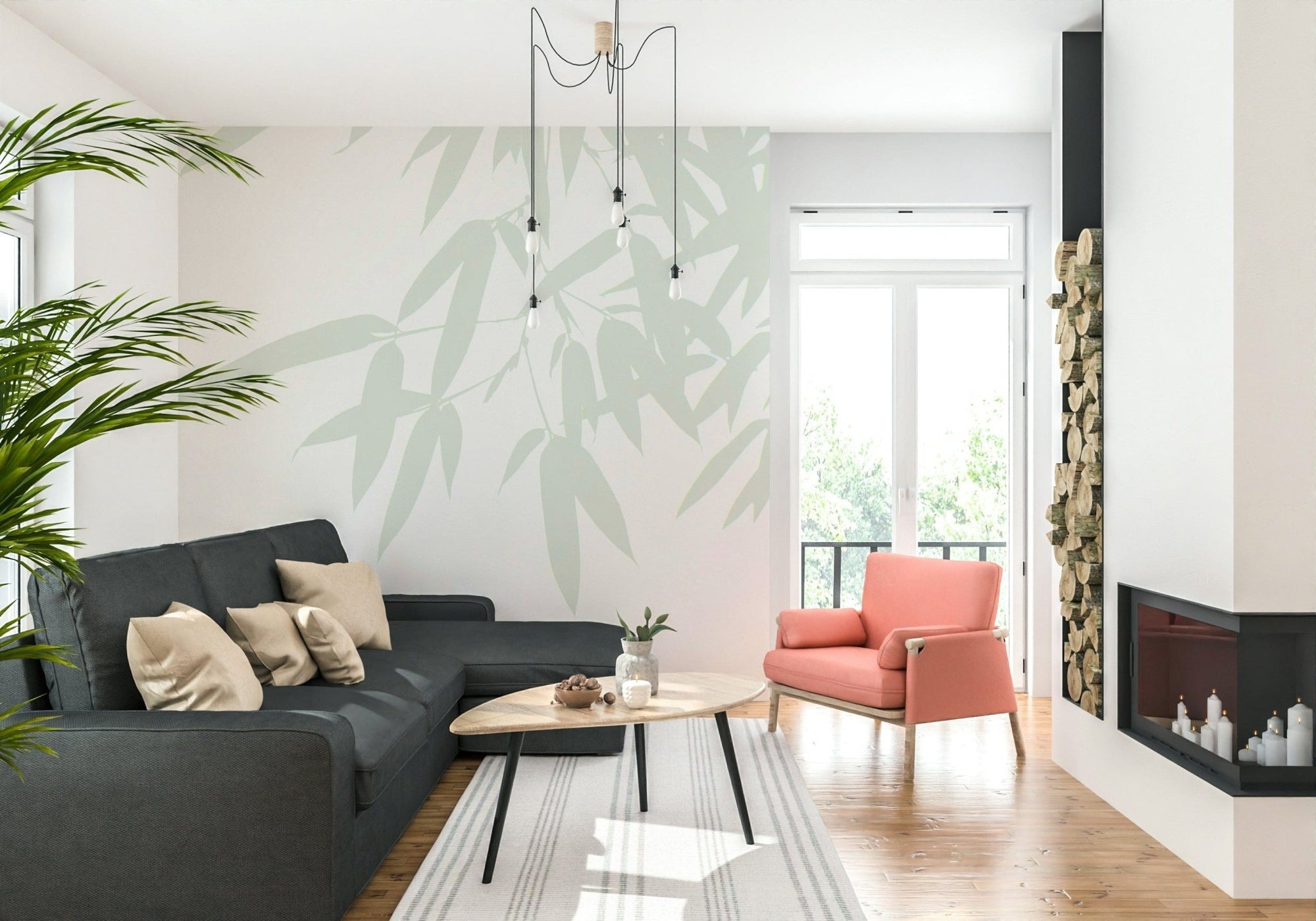 Bamboo Leaf botanical wall mural with silhouetted pale green leaves., GD6691