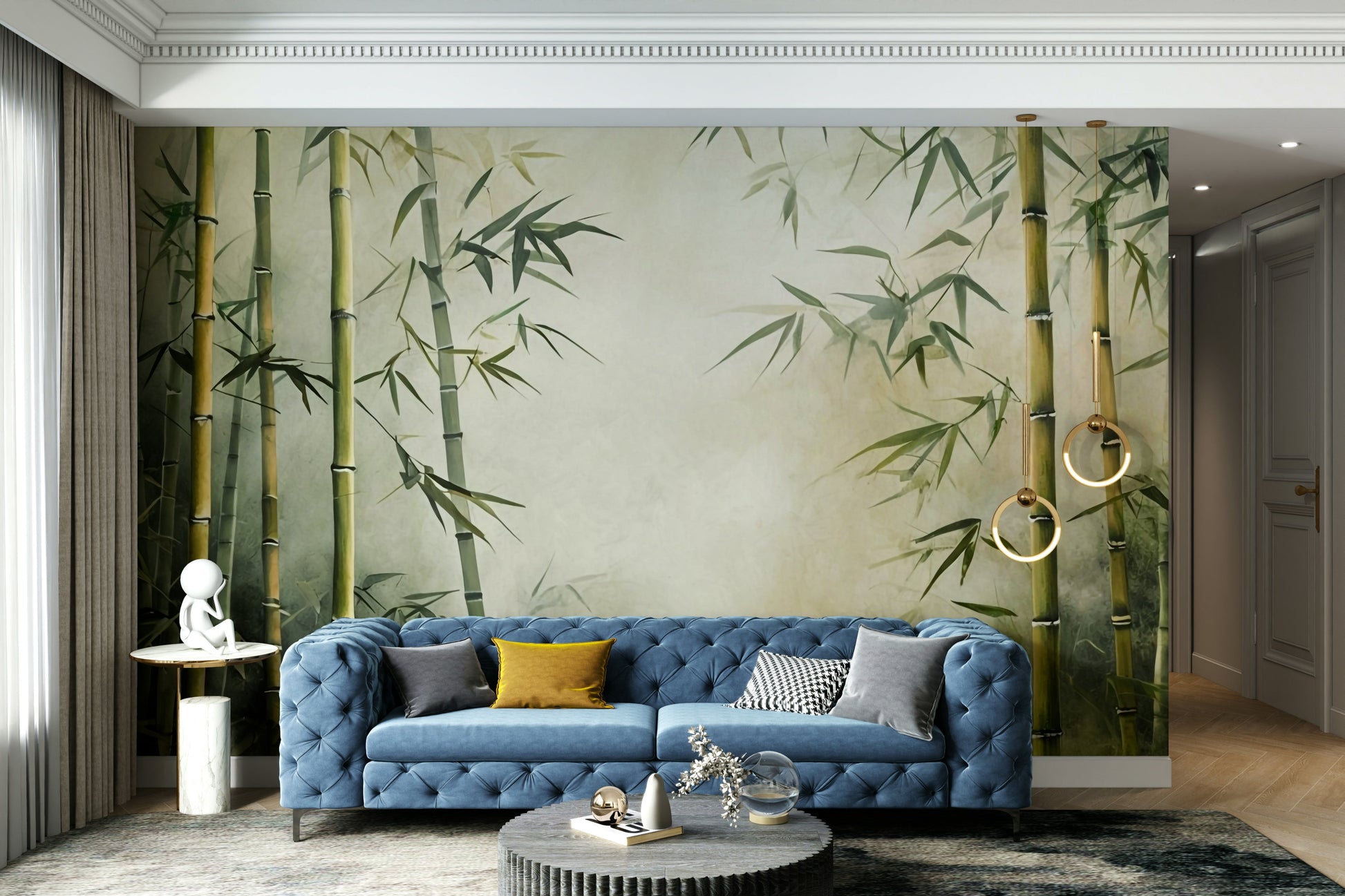 The image shows an artistic impression of a tranquil bamboo scene.

