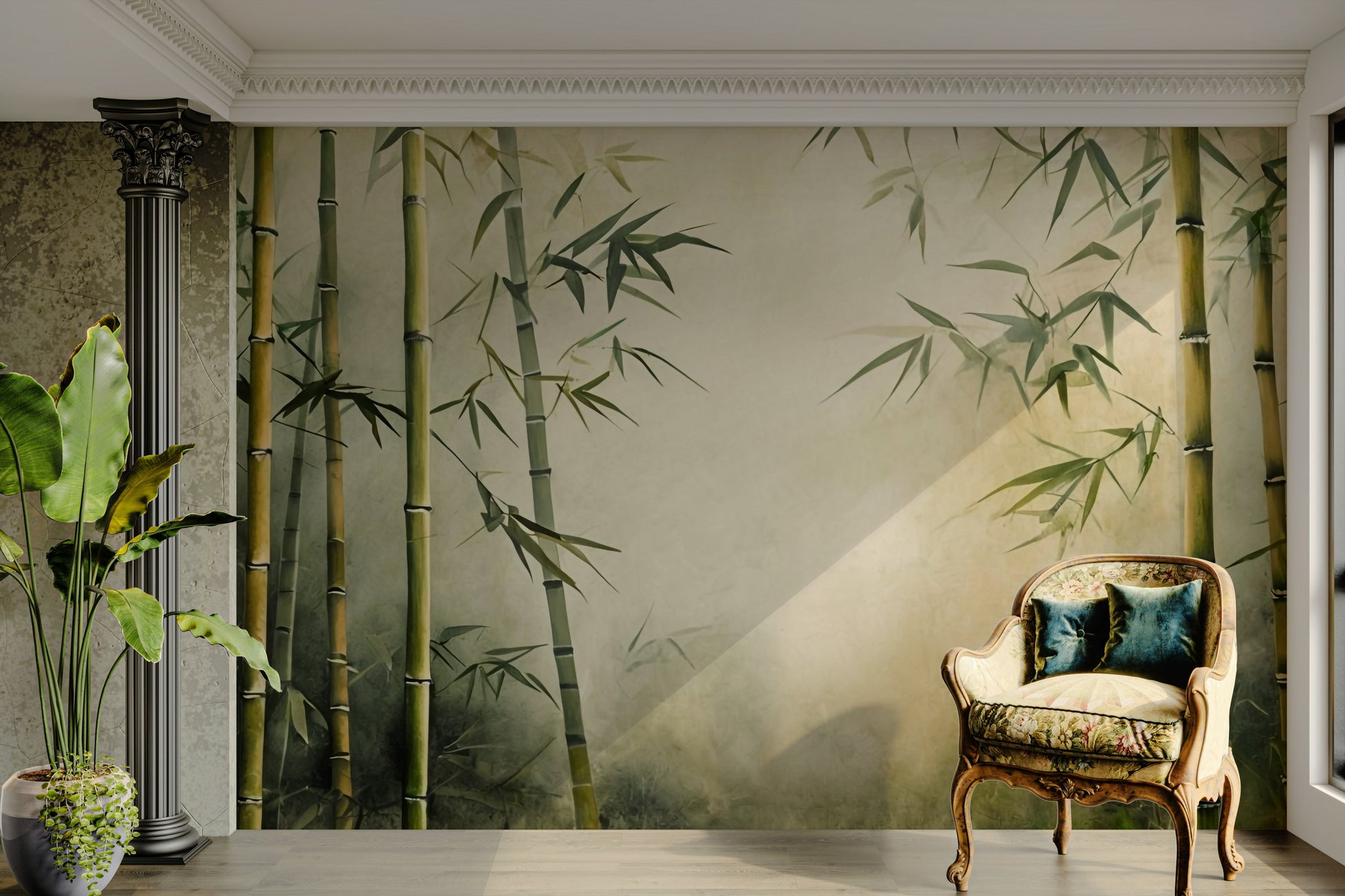 The colors are soft, muted tones of green, gray, and beige.

