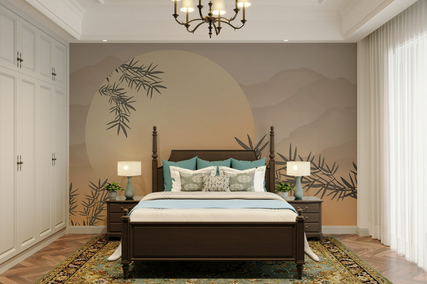 Tall, slender bamboo stalks rise up from the ground.

