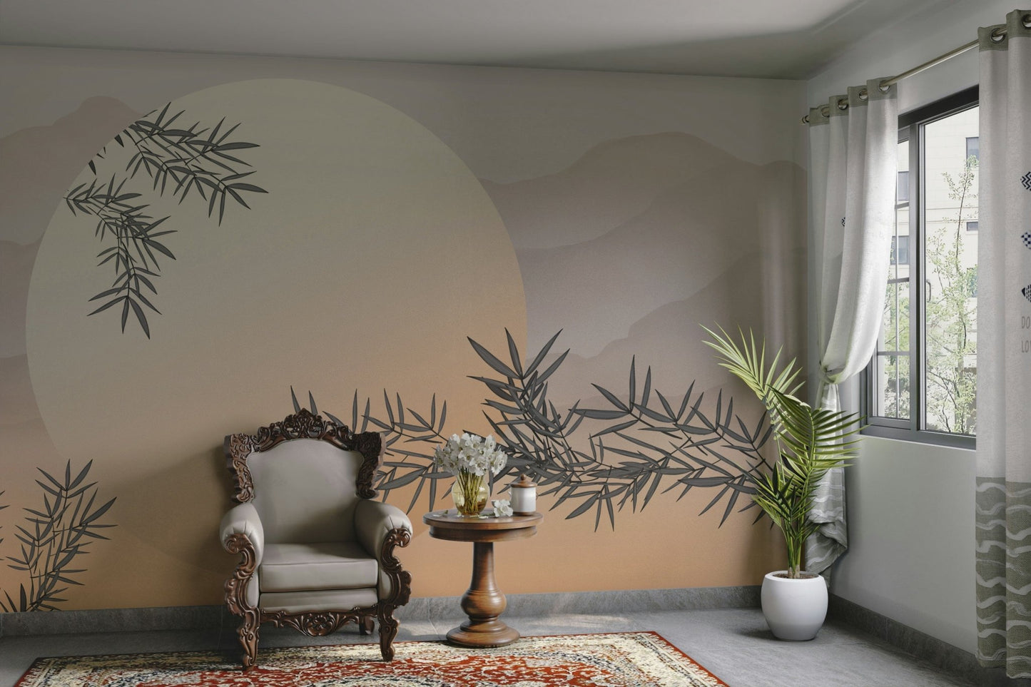 Sunlight filters through the bamboo leaves, creating a soft glow.

