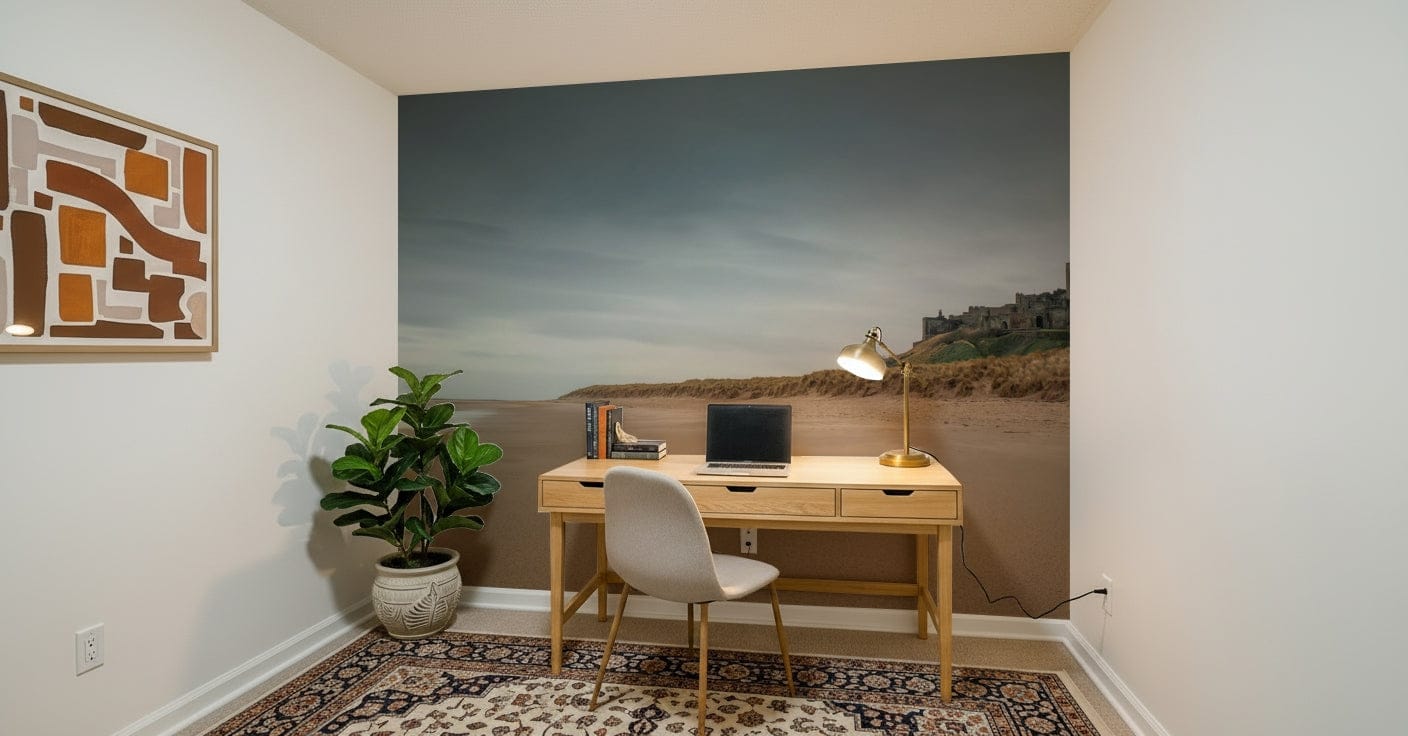 Panoramic Bamburgh Castle wall covering British heritage scene.