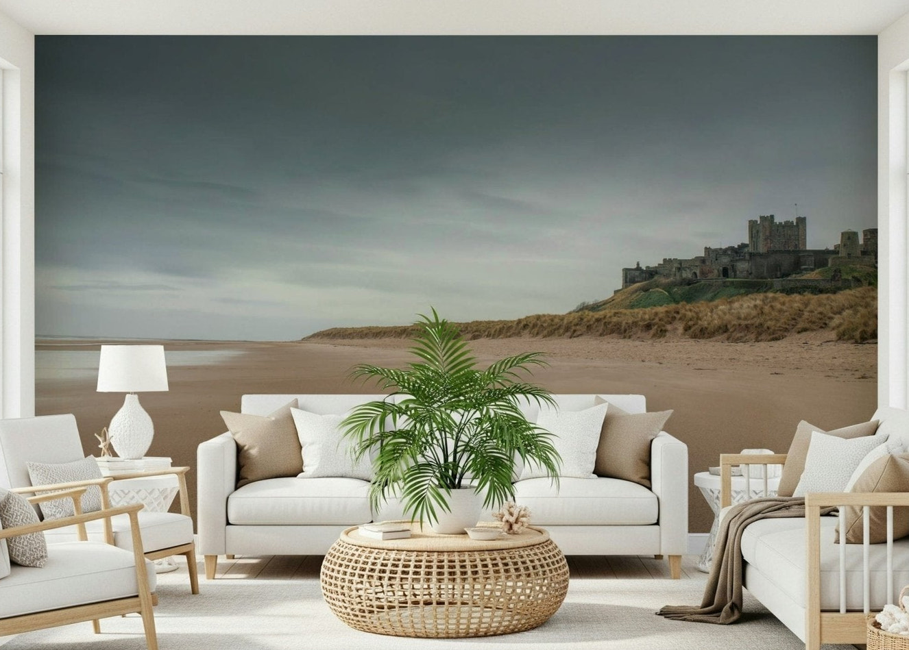 Historic Bamburgh Castle wall mural coastal defence architectural print.