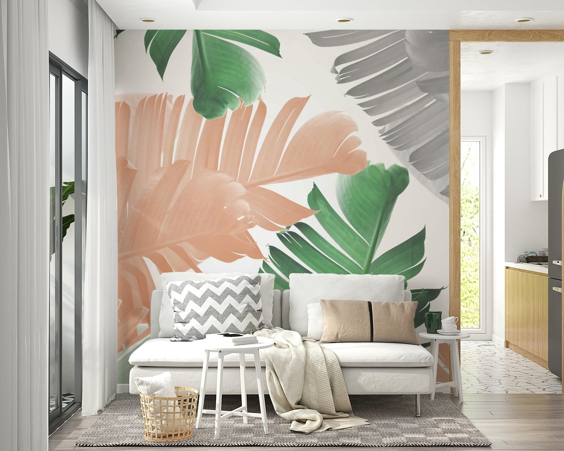 Kids’ playroom with a vibrant banana leaf wall mural

