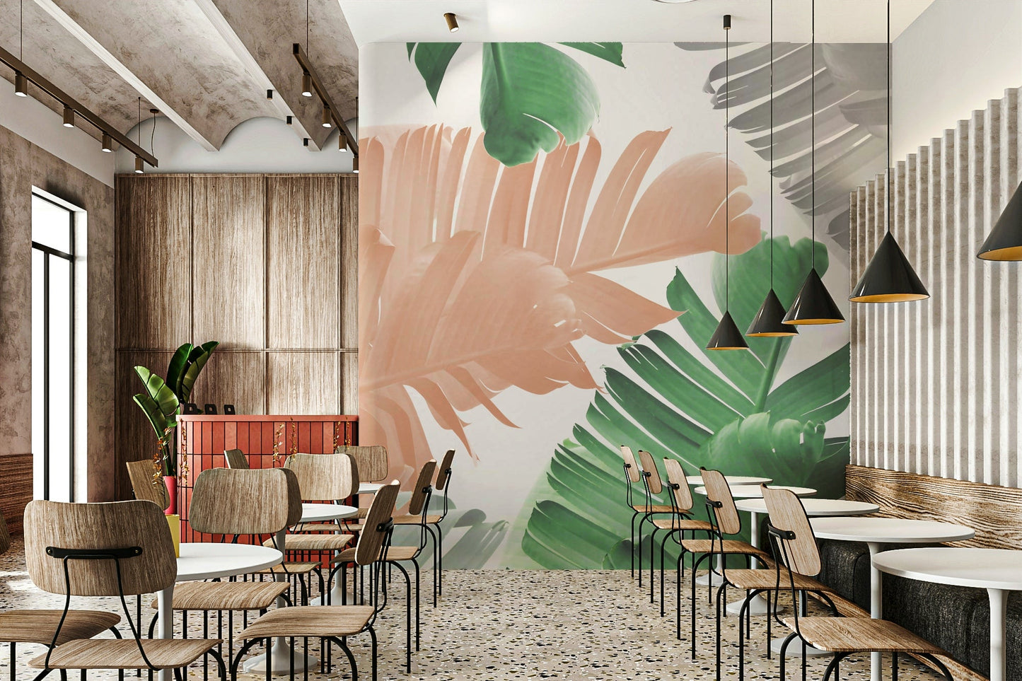 Jungle-themed wall mural with banana leaf print

