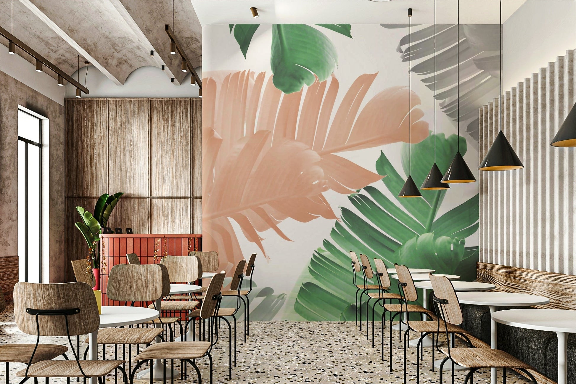 Jungle-themed wall mural with banana leaf print

