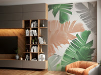 Tropical banana leaf wallpaper in a bright play area

