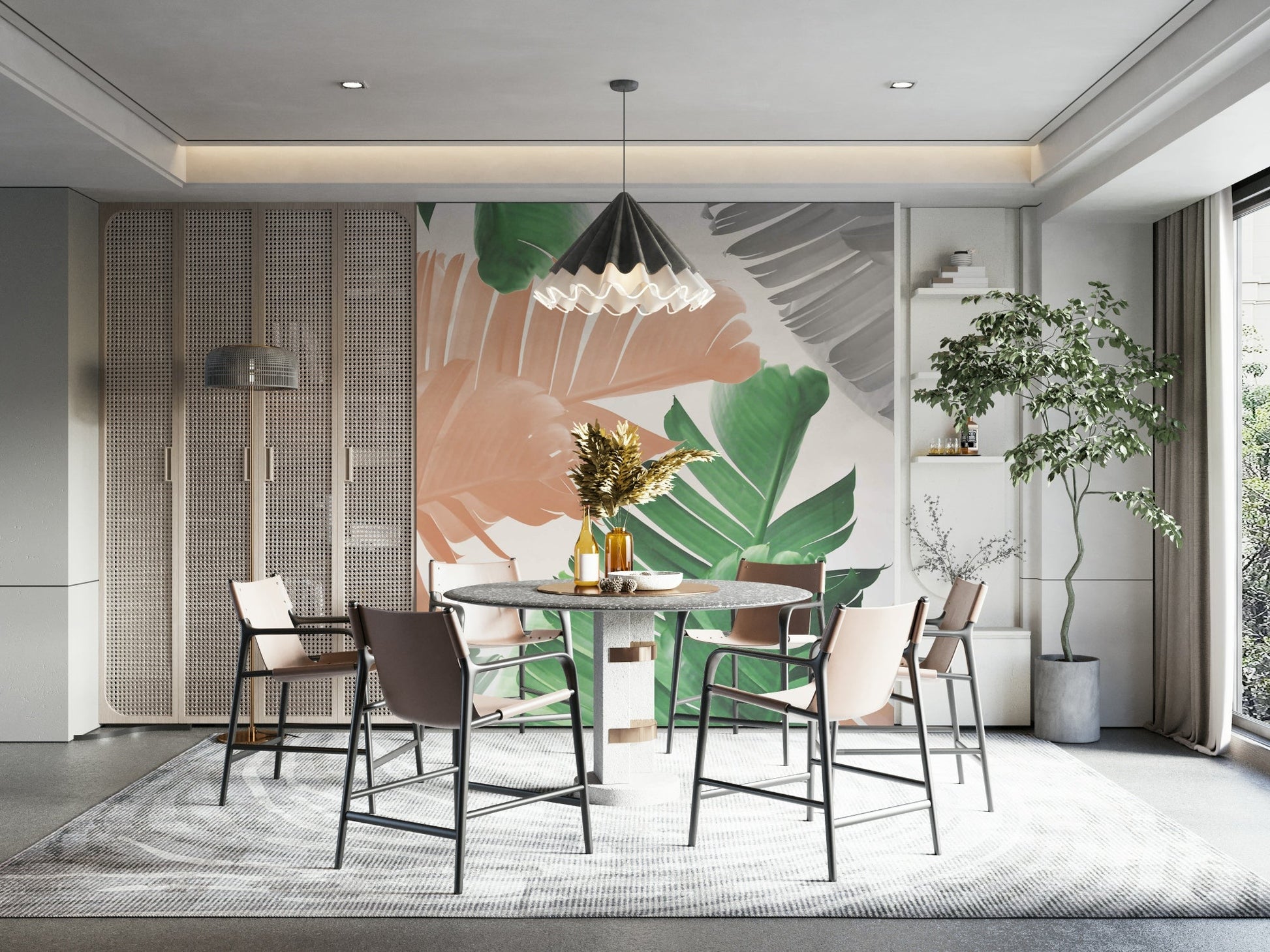 Peel and stick banana leaf mural on a nursery wall

