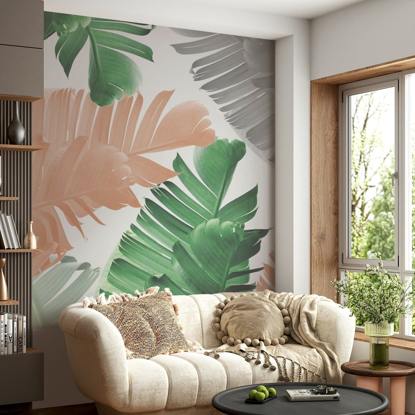 Playroom wall featuring oversized green banana leaves

